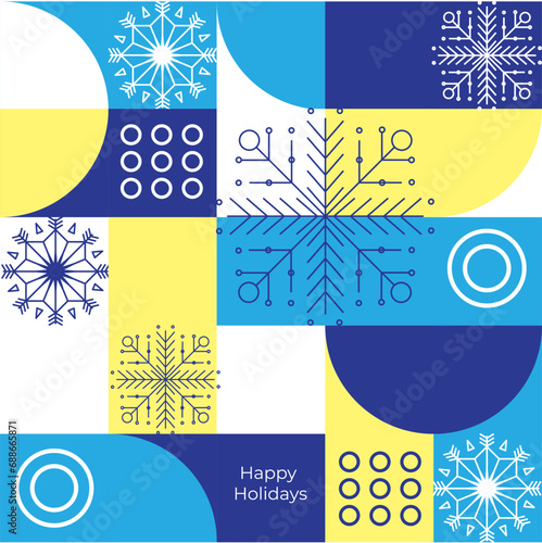 Christmas card with snowflakes. Geometric pattern blue, cyan and yellow colors. Vector illustration EPS10
