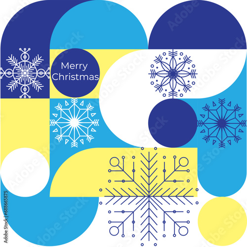 Christmas card with snowflakes. Geometric pattern blue, cyan and yellow colors. Vector illustration EPS10