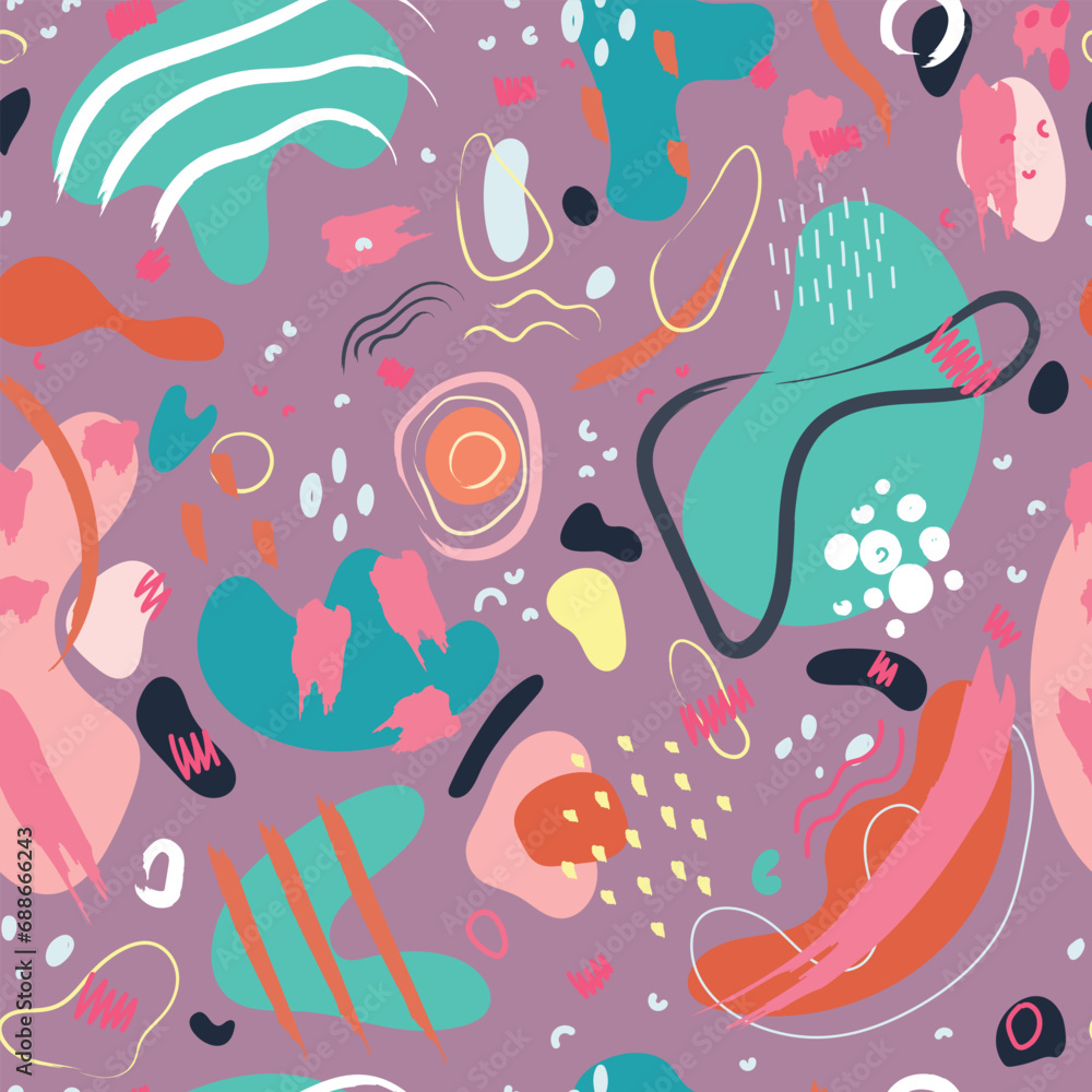 Abstract matisse inspired seamless pattern with colorful freehand doodles on purple background. Organic flat cartoon background, simple random shapes in bright childish colors.