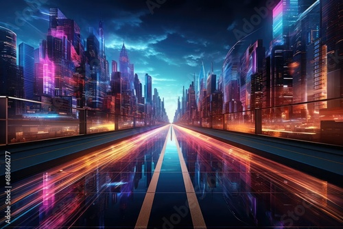 Fast light path through smart modern big city and skyscrapers  futuristic virtual reality  futuristic technology background with neon lights  high speed light movement effect