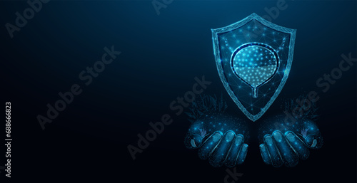 Two human hands are holds human bladder. Medical concept, bladder cancer, cystitis, human excretory system. Wireframe low poly style. Abstract vector illustration on dark blue background.