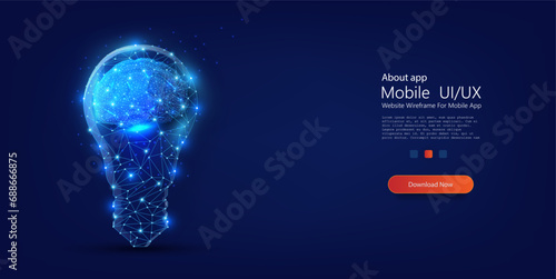 Futuristic Glowing Digital Brain in Light Bulb Shape - Concept for Innovation and Intelligence. Wireframe light connection structure. Vector illustration