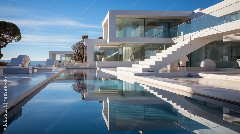Sunlit Atrium with Elegant White Stairs.
Bright atrium with elegant white stairs and a minimalist design in a luxury home. Sunlit Atrium with Elegant White Stairs.
Bright atrium with elegant white stairs and a minimalist design in a luxury home.