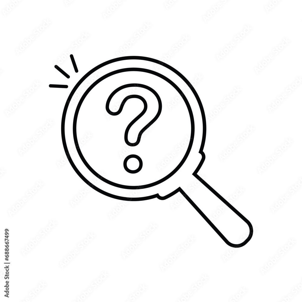 thin line magnifier black icon with question mark. flat linear trend modern lineart scrutiny or inquiry logotype stroke art design web element isolated on white. concept of inspect or survey badge thin line magnifier black icon with question mark. flat linear trend modern lineart scrutiny or inquiry logotype stroke art design web element isolated on white. concept of inspect or survey badge