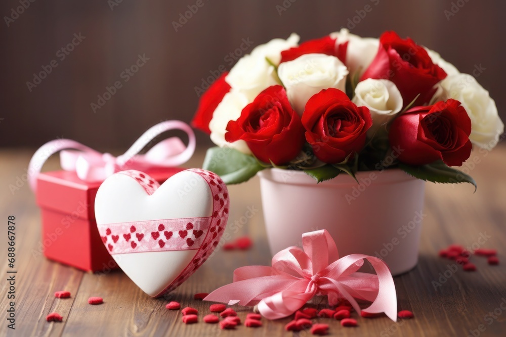 Valentines day setup with white and red roses, heart and red present box on a table