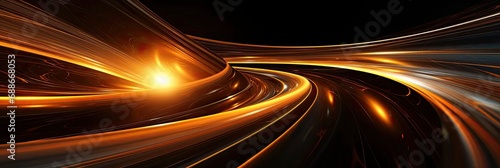 3D rendering, abstract neon wallpaper. Abstract shiny golden neon lines on black background, flowing energy, sci-fi abstract light waves