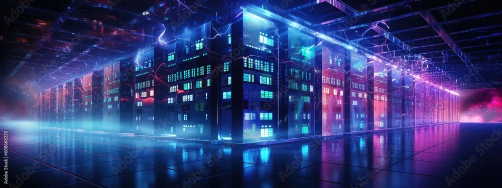 Data center and network equipment run at high performance. Server room in data center, neon lights. Data center and network equipment run at high performance. Server room in data center, neon lights.
