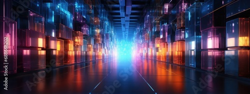 Data center and network equipment run at high performance. Server room in data center, neon lights. 