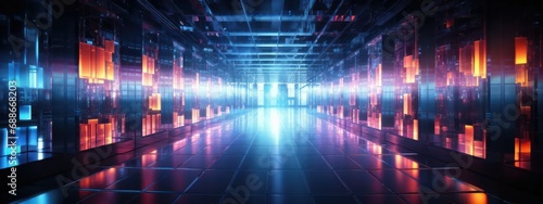 Data center and network equipment run at high performance. Server room in data center, neon lights. 