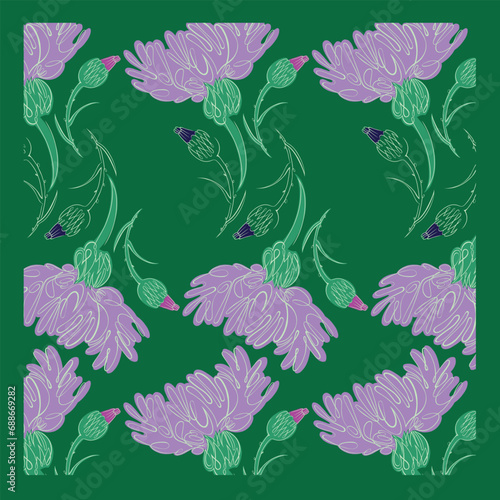 A pattern with the image of a cornflower flower. Hand-drawn. Linear drawing on a green background.