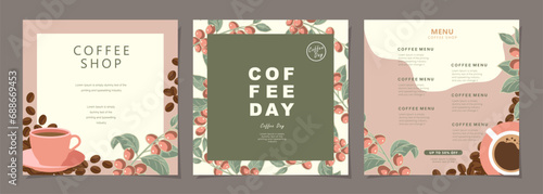 Set of sketch banners with coffee beans on minimal background for poster, cover, menu, social media post or another template design. vector illustration.