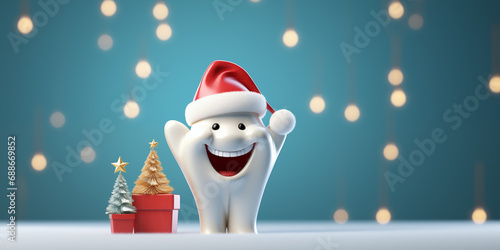 Christmas dental banner with happy tooth and place for text over pastel blue background . Generative AI.