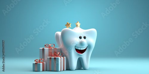 Christmas dental banner with happy tooth and place for text over pastel blue background . Generative AI. photo