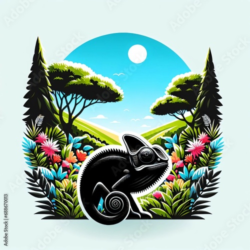 Wallpaper Mural Black chameleon in a summer landscape, vector style. Torontodigital.ca