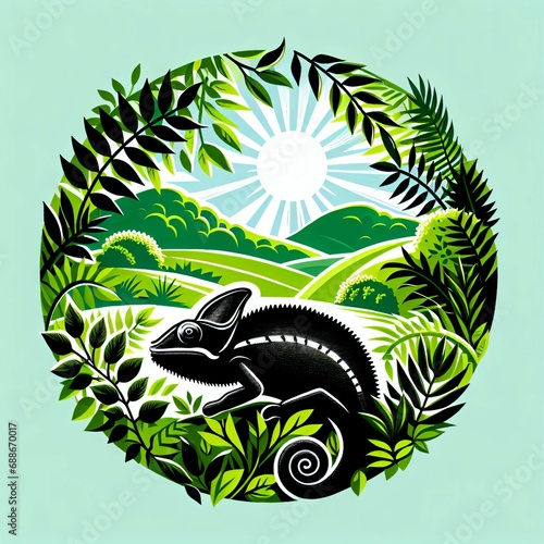Wallpaper Mural Black chameleon in a summer landscape, vector style. Torontodigital.ca