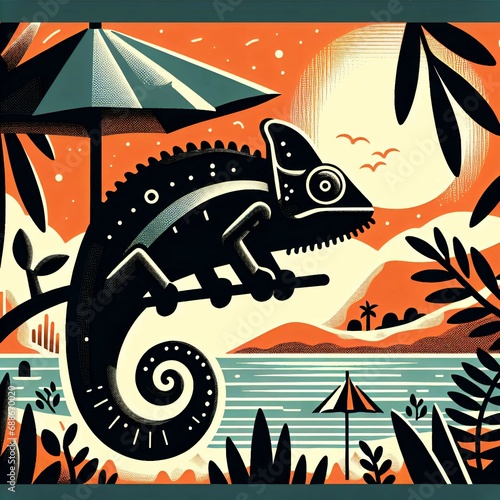 Wallpaper Mural Black chameleon in a summer landscape, vector style. Torontodigital.ca