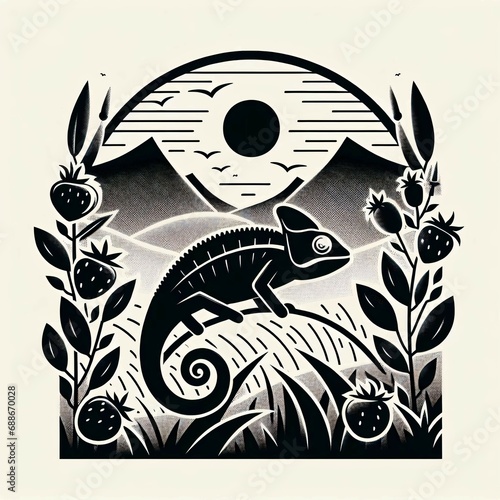 Wallpaper Mural Black chameleon in a summer landscape, vector style. Torontodigital.ca