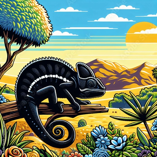 Wallpaper Mural Black chameleon in a summer landscape, vector style. Torontodigital.ca