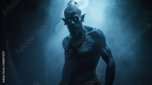 Fictional mythical evil creature Djinn with glowing eyes standing in a mist