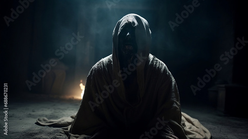 Fictional mythical evil creature Dybbuk with cloak kneeling