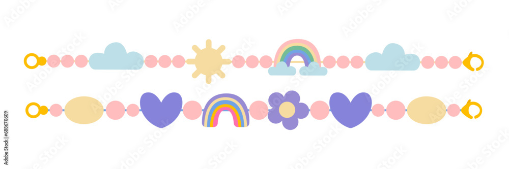 Cute trendy bracelets with clouds and rainbow beads flat vector set Cute trendy bracelets with clouds and rainbow beads flat vector set