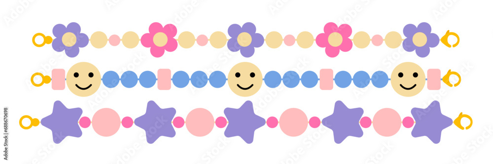 Plactic bead bracelets wit flowers, stars and smiles vector set Plactic bead bracelets wit flowers, stars and smiles vector set