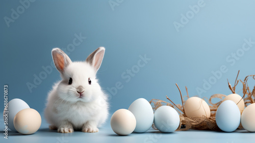Cute little white bunny sitting with easter egg isolated on pastel background. Happy easter concept banner mockup with copy space © SappiStudio
