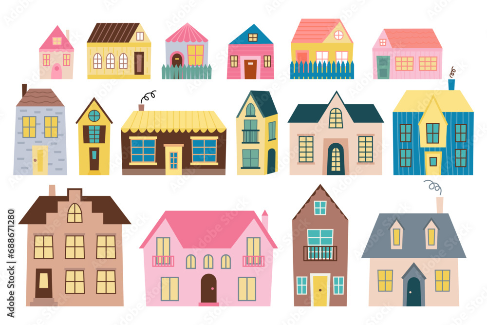 Set of cute houses in Scandinavian style. Various tiny houses vector set Set of cute houses in Scandinavian style. Various tiny houses vector set