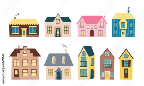 Colored tiny houses vector set in Scandinavian style