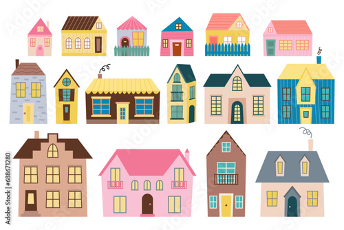 Set of cute houses in Scandinavian style. Various tiny houses vector set