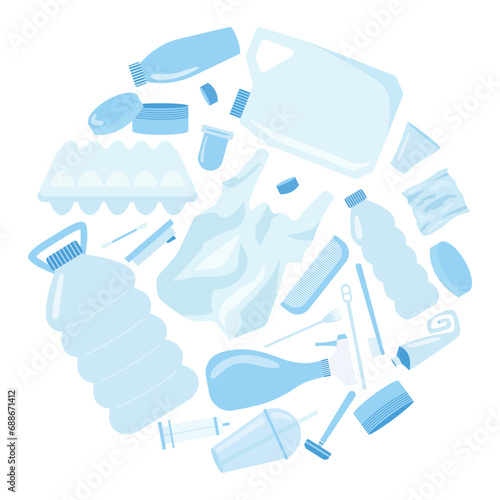Plastic waste vector flat style set. Plactic trash elements in circle set.