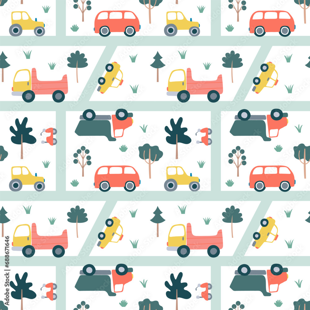 Flat style kids road map with different transport seamless pattern. Vector car map pattern in flat style