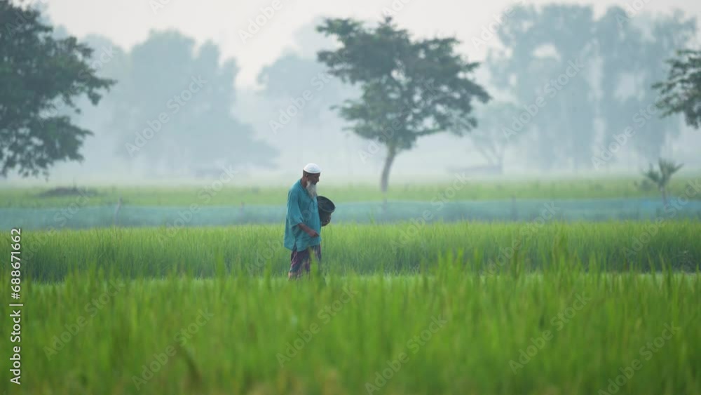 Farmer putting fertilizer in paddy field in a foggy winter morning. Nature, travel, and rural life. Biking, cycling, hiking, travel, vacation Farmer putting fertilizer in paddy field in a foggy winter morning. Nature, travel, and rural life. Biking, cycling, hiking, travel, vacation