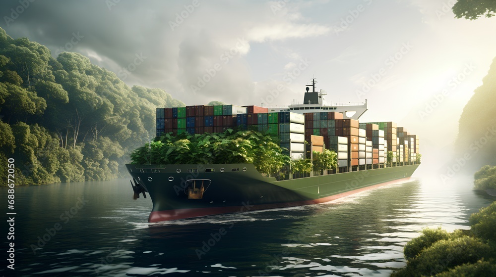 A large, ecofriendly cargo container ship at river, symbolizing sustainable maritime transport with a focus on reducing carbon emissions and preserving the environment. - obrazy, fototapety, plakaty 
