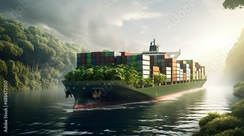 A large, ecofriendly cargo container ship at river, symbolizing sustainable maritime transport with a focus on reducing carbon emissions and preserving the environment. photo