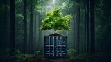 Single tree with lush green leaves sprouting from an open sea cargo container, symbolizing ecofriendly and sustainable shipping practices.