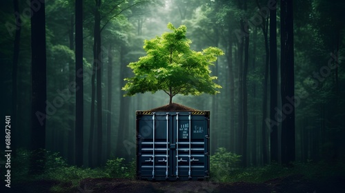 Single tree with lush green leaves sprouting from an open sea cargo container, symbolizing ecofriendly and sustainable shipping practices. photo