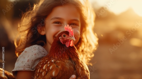 little child with chicken, Rhode Island Red chicken. 
