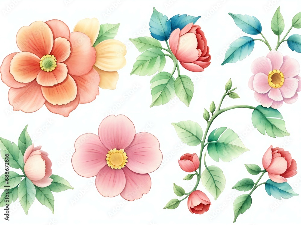 hand drawn watercolor flowers and leaves