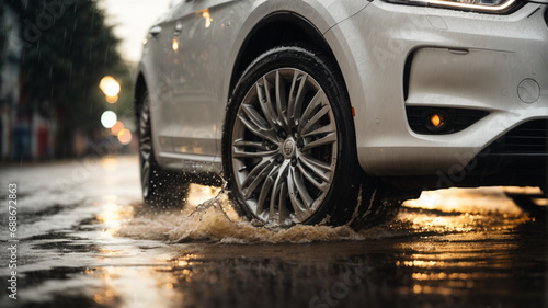 The car goes through puddles after the rain. Closeup of car tires and water splash on wet asphalt in the rain. extreme driving © anandart