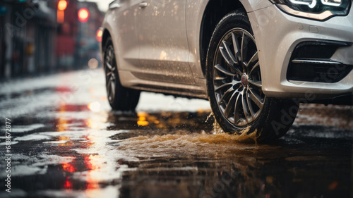 The car goes through puddles after the rain. Closeup of car tires and water splash on wet asphalt in the rain. extreme driving © anandart