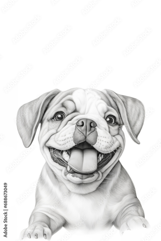 Cute puppy portrait of english bulldog ,isolated on white background, sketch drawing, copy space