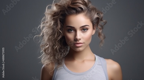 Gorgeous young lady posing in the studio against a gray backdrop, wearing a gray sports uniform and her hair pulled back. Advertising sportswear and yoga wear. Healthy lifestyle, sport