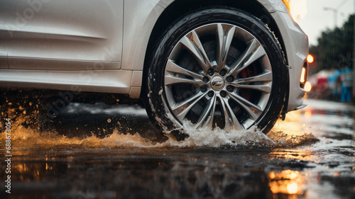 The car goes through puddles after the rain. Closeup of car tires and water splash on wet asphalt in the rain. extreme driving