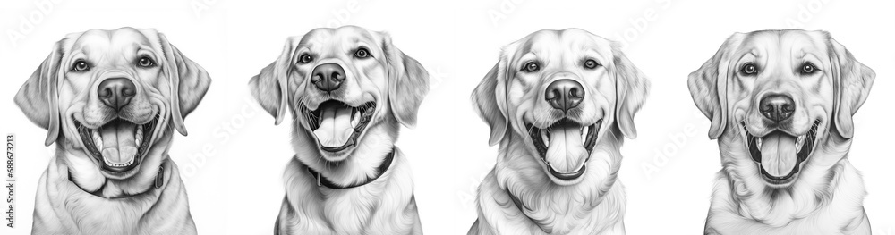 Set of four golden retriever dog portraits ,isolated on white background, sketch hand drawing - obrazy, fototapety, plakaty 