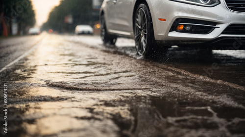 Panoramic background view of a flooded street, car tires and water splashes on wet asphalt in the rain. extreme driving © anandart