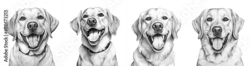 Set of four golden retriever dog portraits ,isolated on white background, sketch hand drawing photo