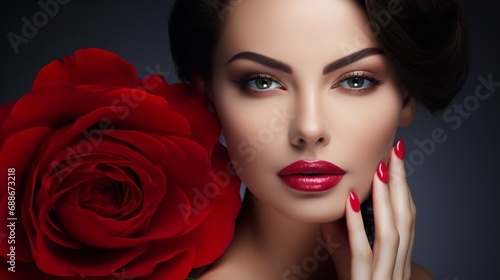 Red Lips and Nails. Beautiful Brunette Woman with Luxury Makeup and Manicure