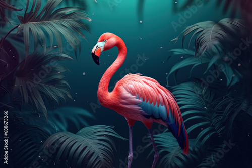 Exotic flora and fauna. A beautiful flamingo with tropical leaves in the background