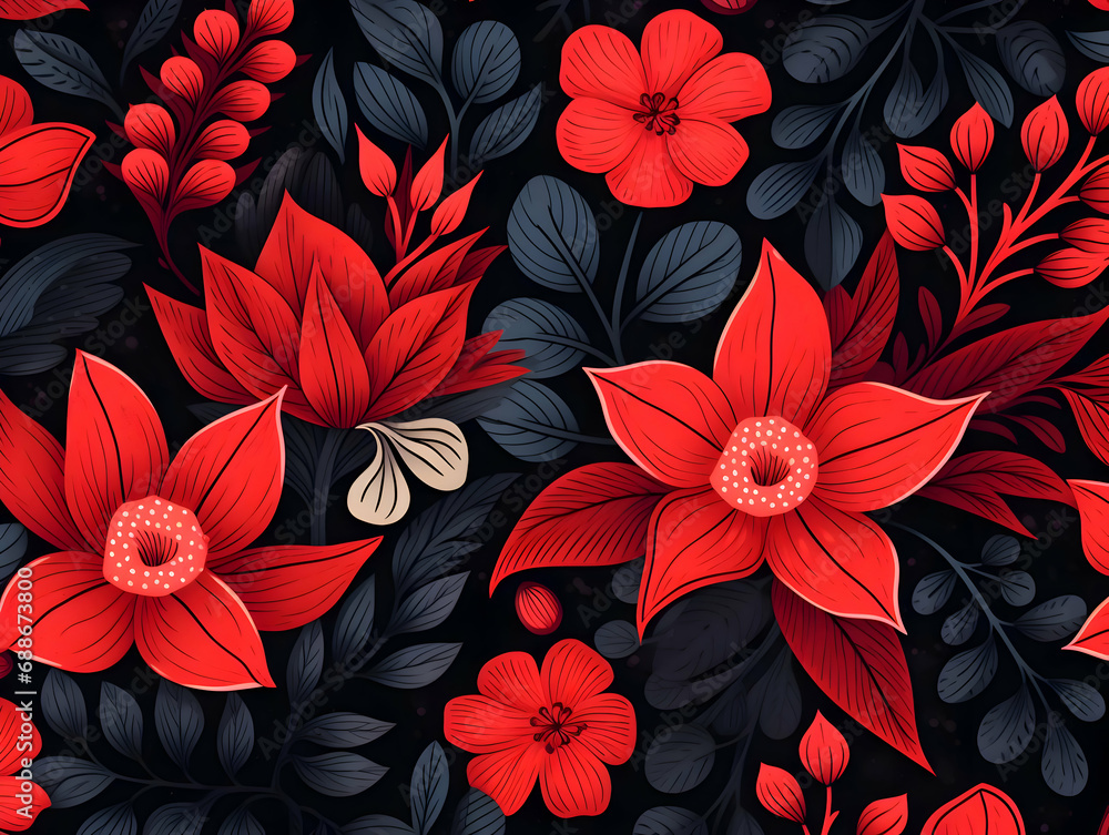 Flat illustration red white flowers and leaves highly detailed. High quality